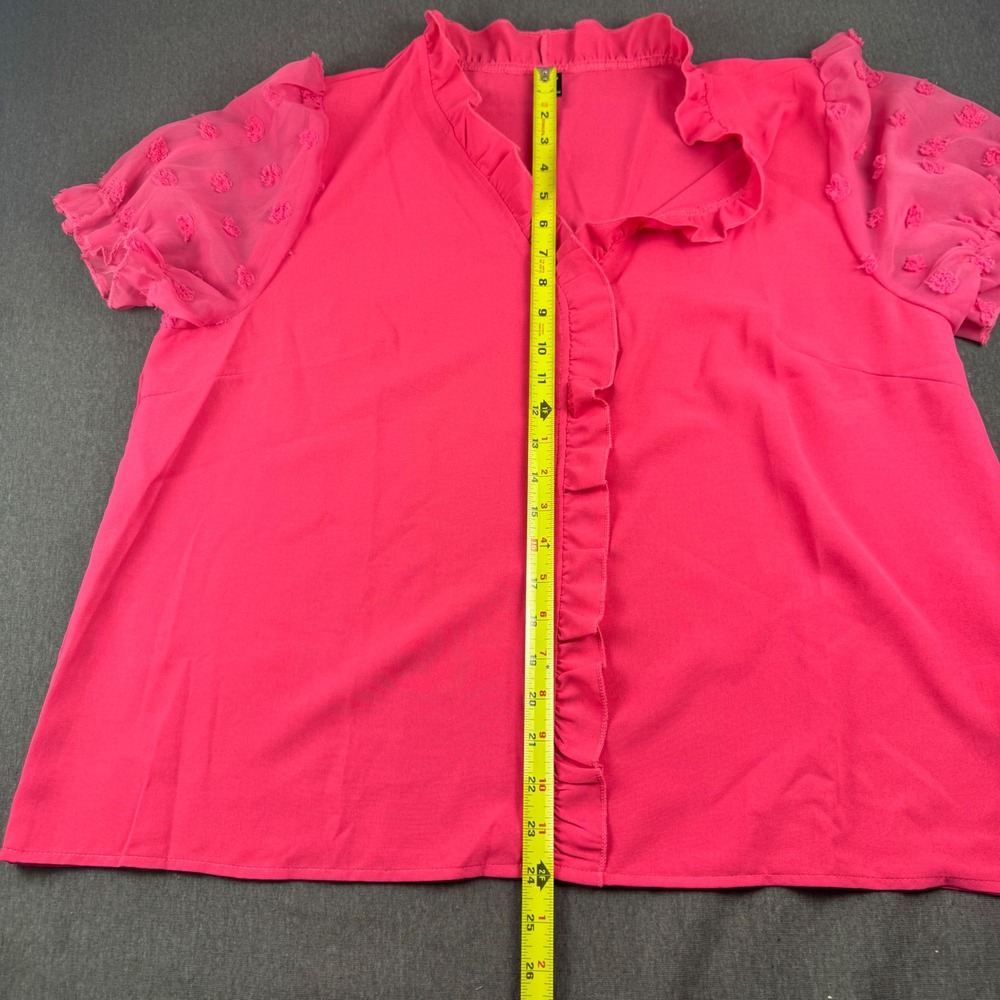SHEIN Curve Hot Pink Ruffle V-Neck Blouse Swiss Dot Mesh Puff Sleeve Top 1XL - Picture 4 of 9